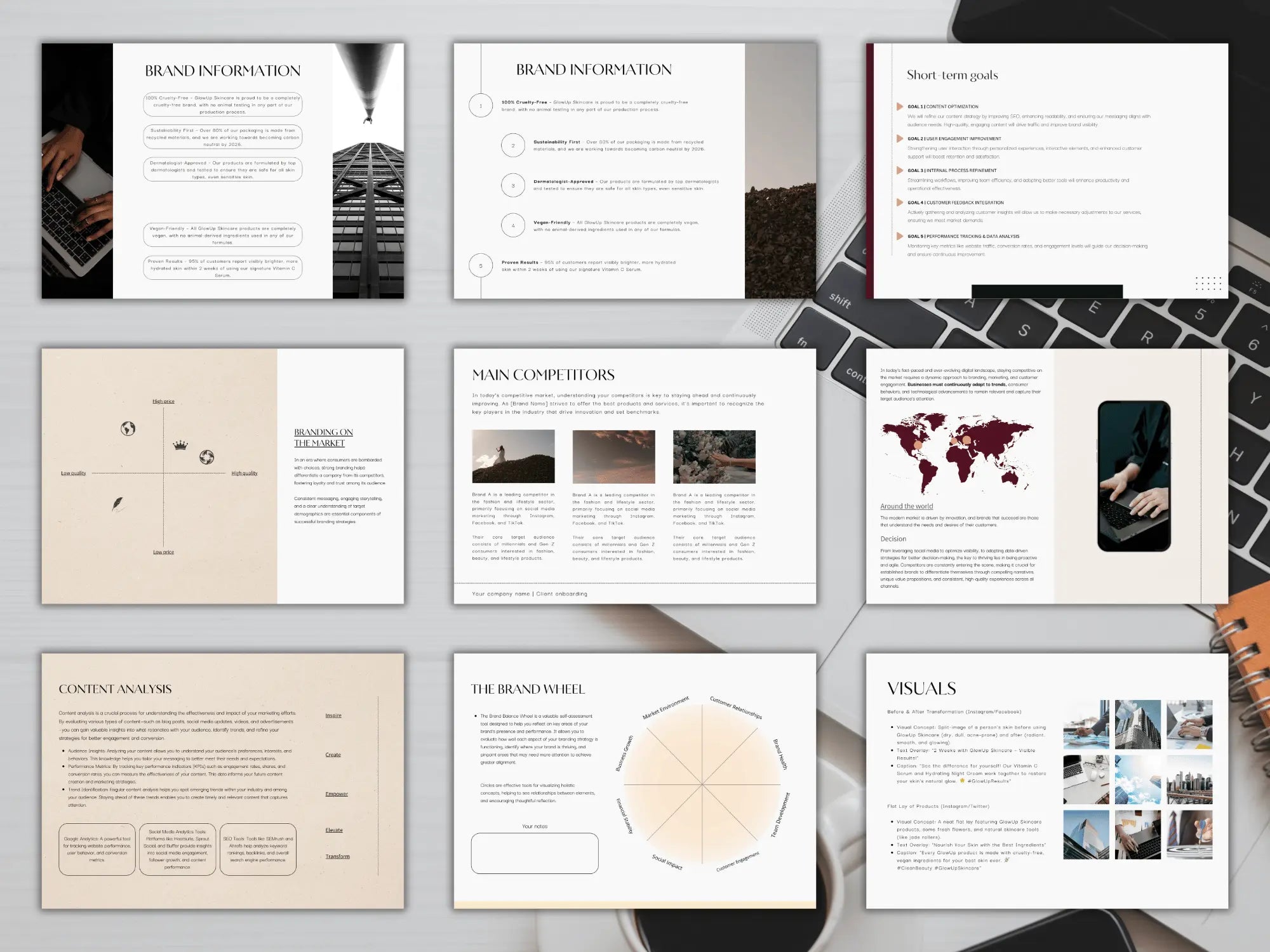 Collection of branded information sheets on a desk with a laptop.