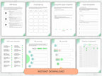 Collection of goal-setting and self-care worksheets with a 'Instant Download' button.