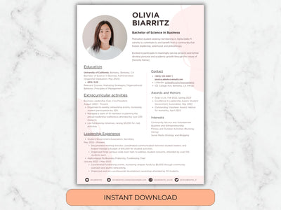 Resume template with a photo of a woman on a marble background