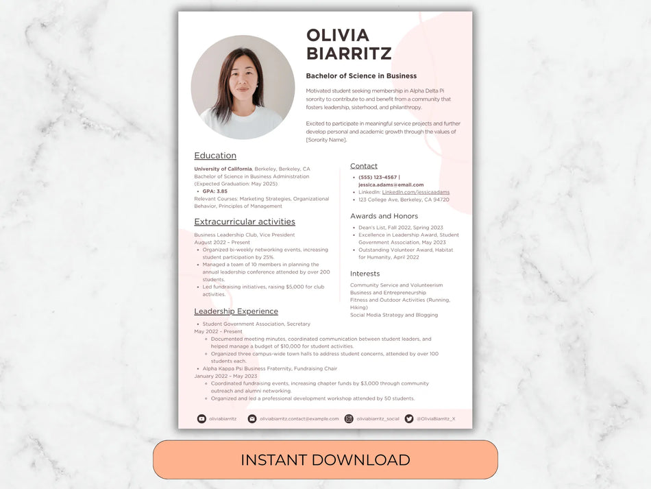 Resume template with a photo of a woman on a marble background