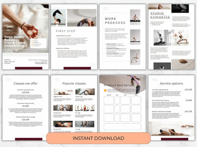 Eight sample pages from the yoga guide, featuring 