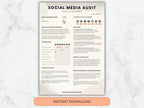 Social Media Audit template on a marble background with an 'Instant Download' button.