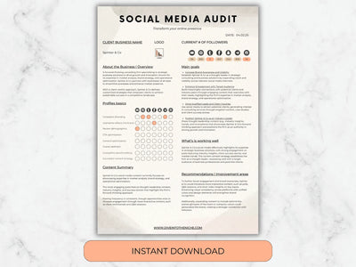 Social Media Audit template on a marble background with an 'Instant Download' button.