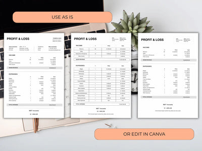 Profit and loss sheets on a desk with a laptop and plant, with text options to use as is or edit in Canva.