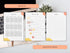 Planner pages with text 'Use as is' and 'Or edit in Canva' on a desk with a laptop and plant.