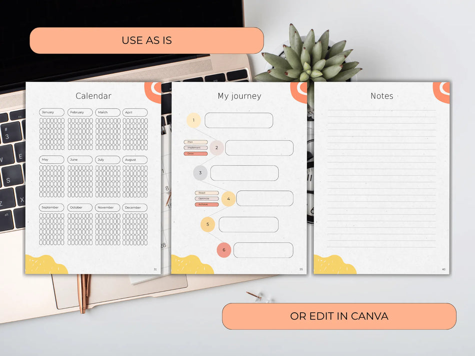 Planner pages with text 'Use as is' and 'Or edit in Canva' on a desk with a laptop and plant.