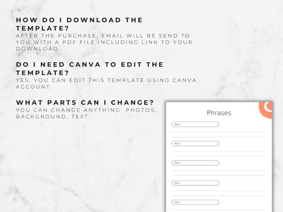 Instructions on how to download and edit a template using Canva on a marble background.