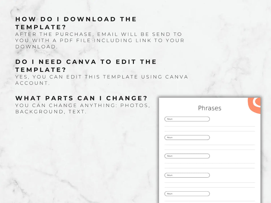 Instructions on how to download and edit a template using Canva on a marble background.