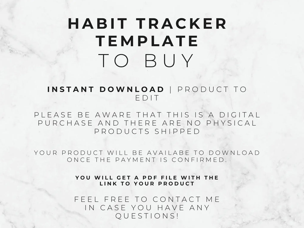Text on a marble background about a habit tracker template for digital download.