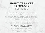 Text on a marble background about a habit tracker template for digital download.