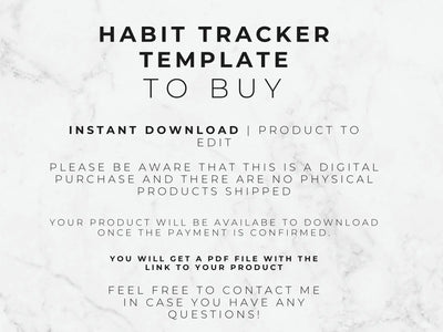 Text on a marble background about a habit tracker template for digital download.
