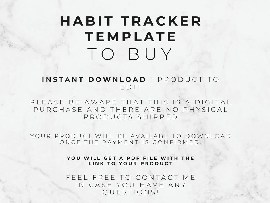 Text on a marble background about a habit tracker template for digital download.