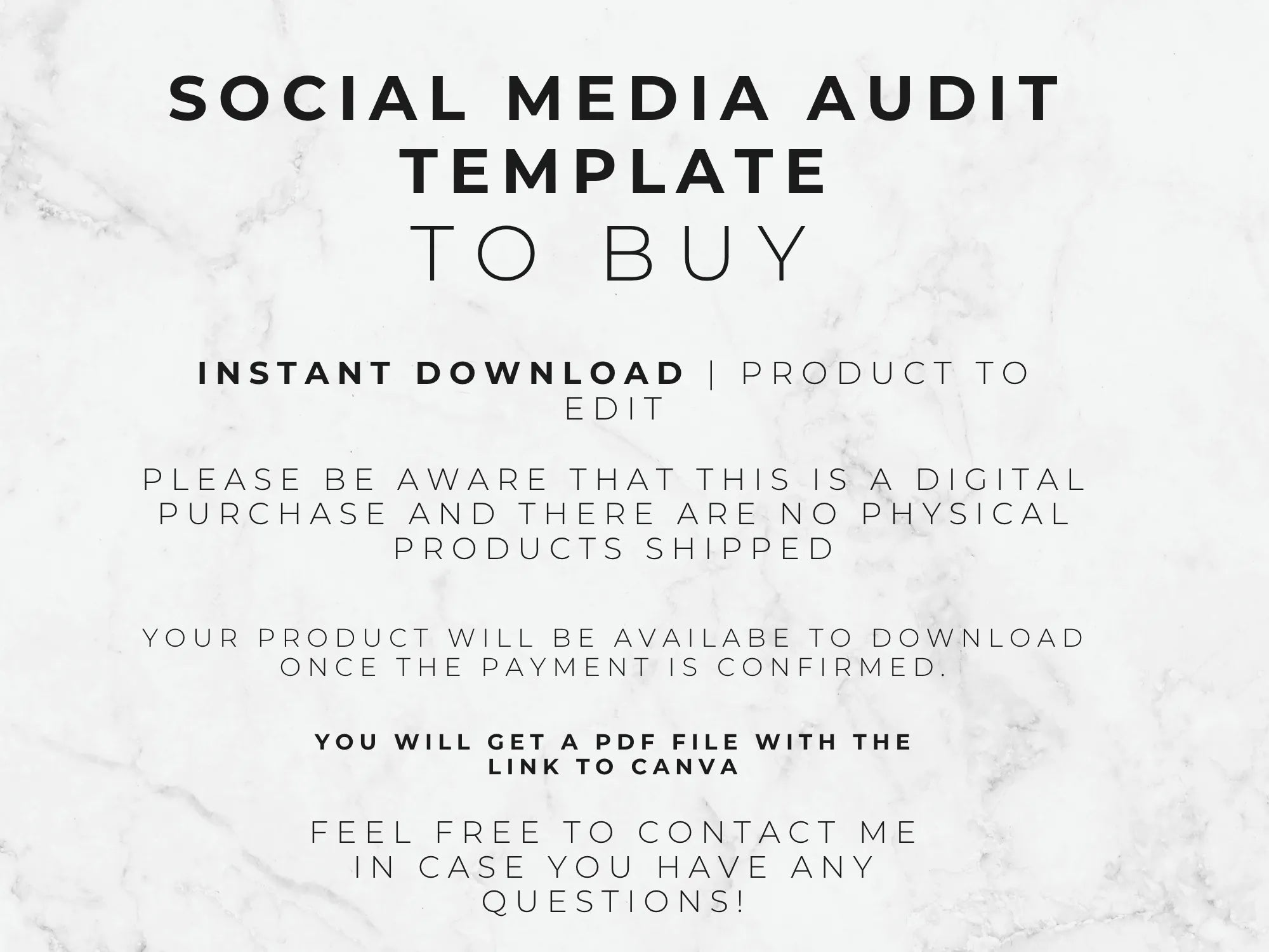 Text on a marble background about a social media audit template for purchase.