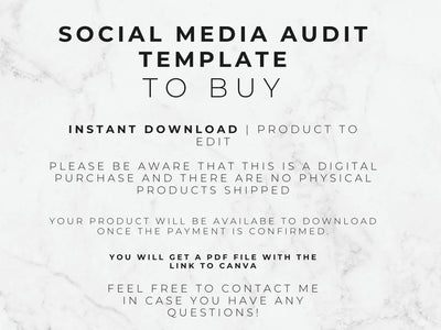 Text on a marble background about a social media audit template for purchase.