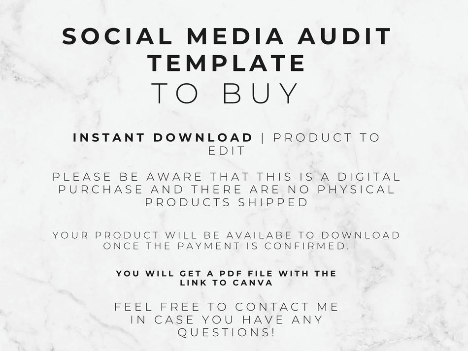 Text on a marble background about a social media audit template for purchase.