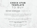 Text on a marble background about a check stub template for purchase.