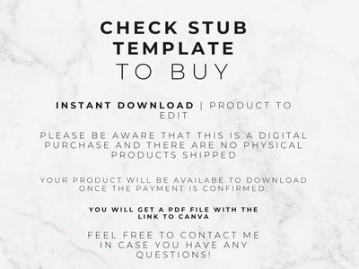 Text on a marble background about a check stub template for purchase.