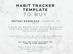 Text on a marble background describing a habit tracker template for digital download.