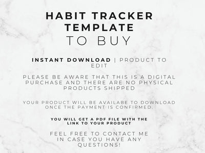 Text on a marble background describing a habit tracker template for digital download.