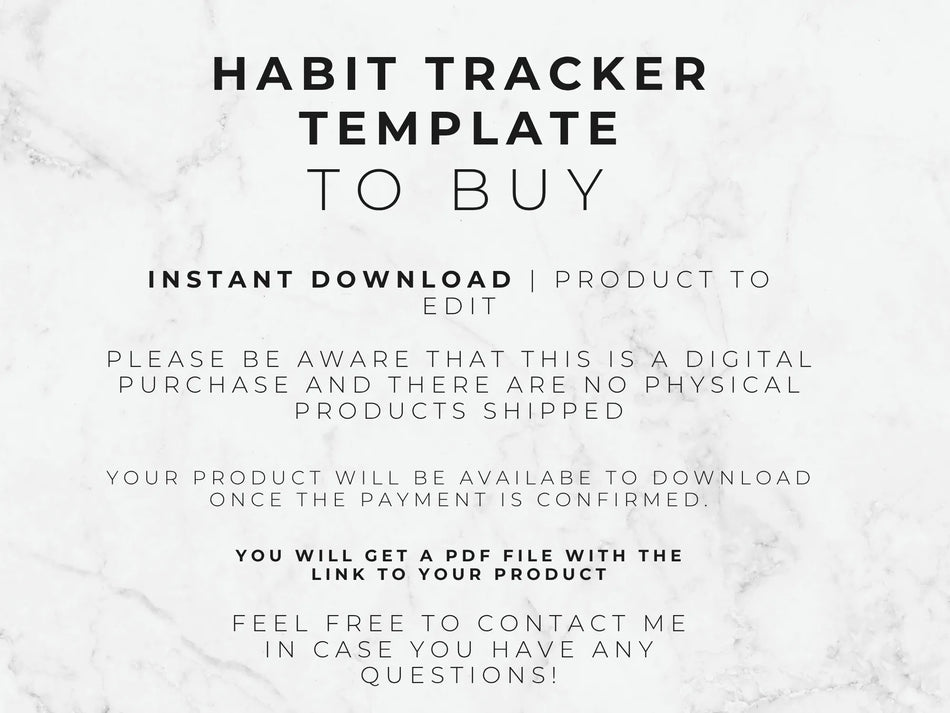 Text on a marble background describing a habit tracker template for digital download.