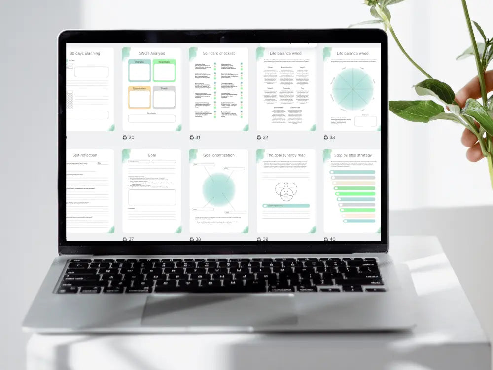 A laptop screen displaying a preview of various journal templates, including self-care checklists, SWOT analysis, and goal prioritization pages for mental clarity.