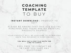 Text on a marble background about a coaching template for purchase.