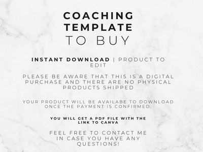 Text on a marble background about a coaching template for purchase.