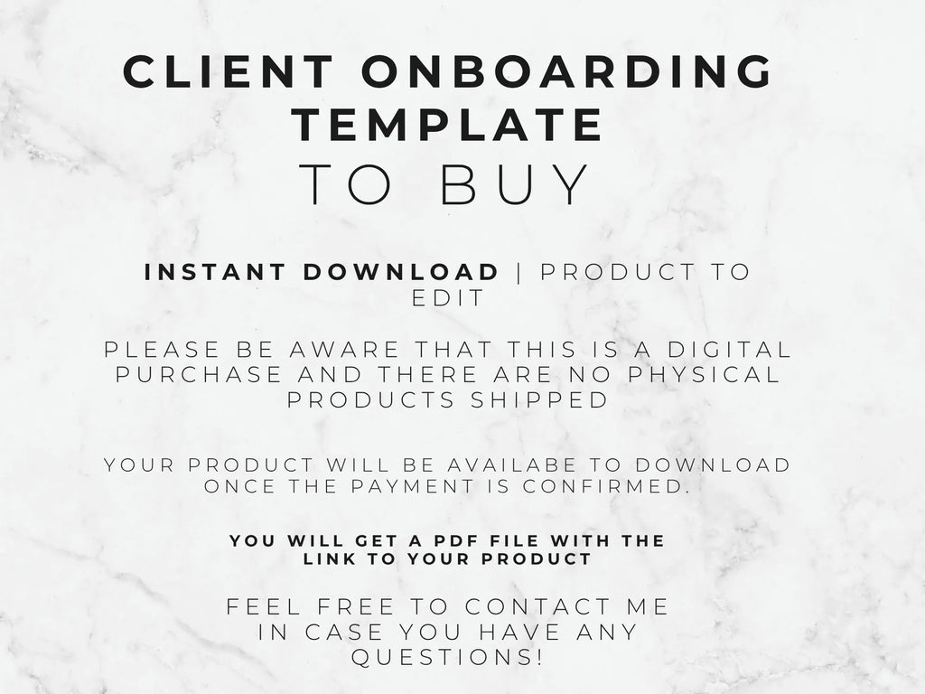 A digital template preview with black text on a white marble background reading 'CLIENT ONBOARDING TEMPLATE TO BUY' and additional download information.