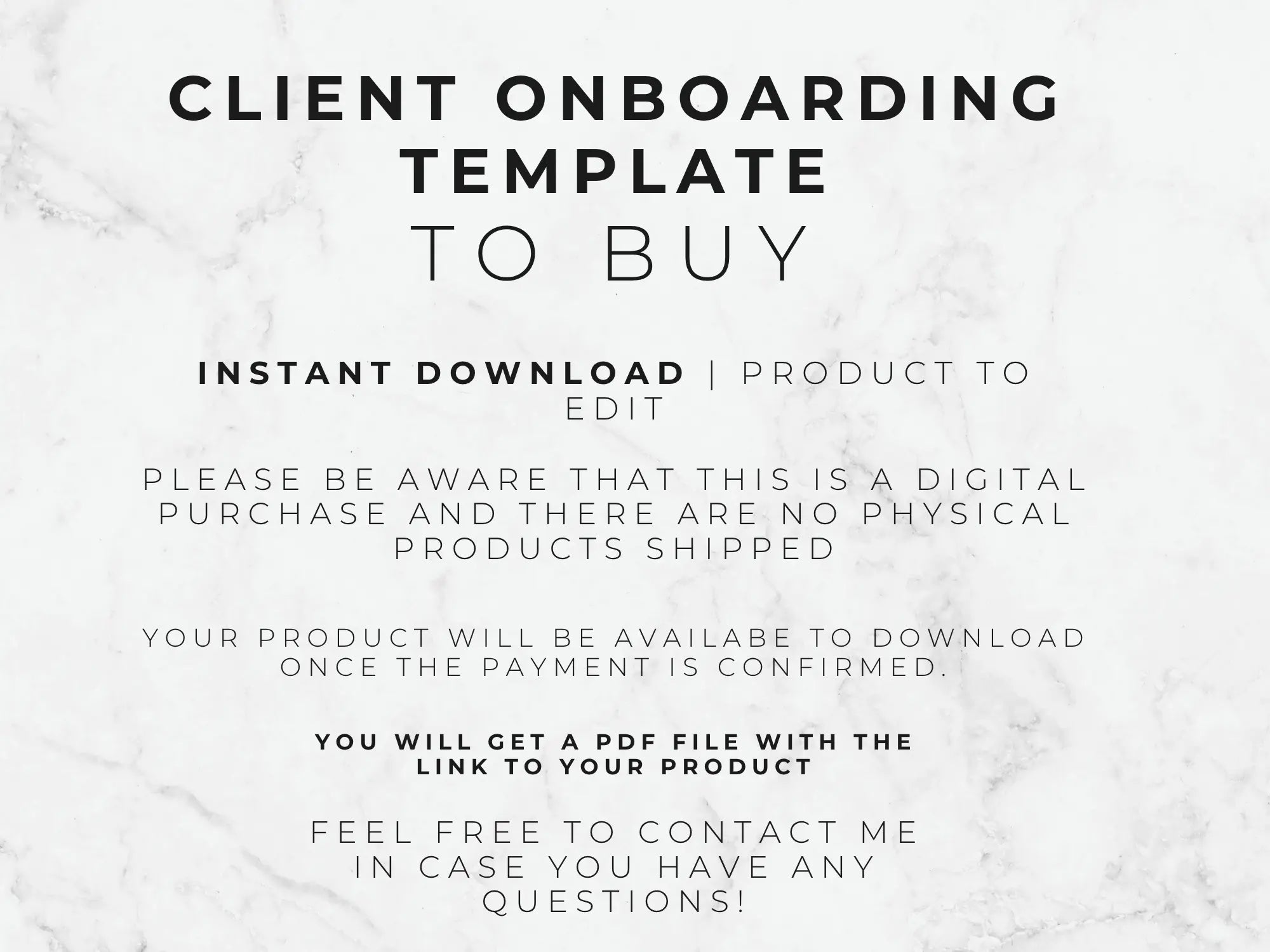 A digital template preview with black text on a white marble background reading 'CLIENT ONBOARDING TEMPLATE TO BUY' and additional download information.