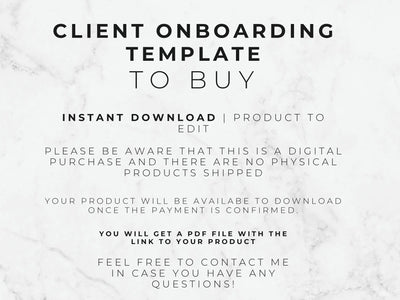 A digital template preview with black text on a white marble background reading 'CLIENT ONBOARDING TEMPLATE TO BUY' and additional download information.