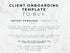 A digital template preview with black text on a white marble background reading 'CLIENT ONBOARDING TEMPLATE TO BUY' and additional download information.