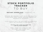 Text on a marble background about a stock portfolio tracker for instant download.