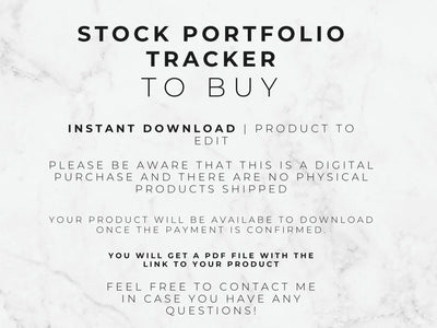 Text on a marble background about a stock portfolio tracker for instant download.