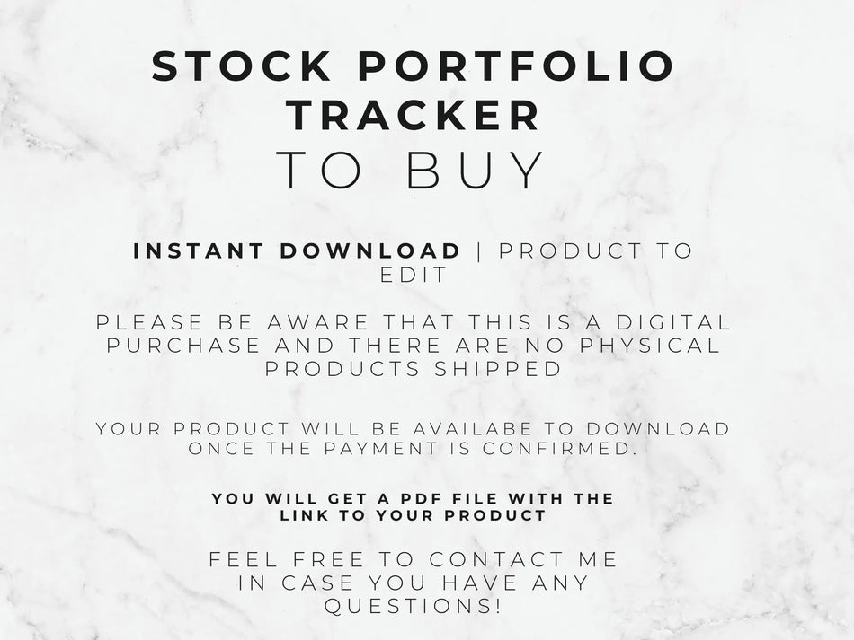 Text on a marble background about a stock portfolio tracker for instant download.