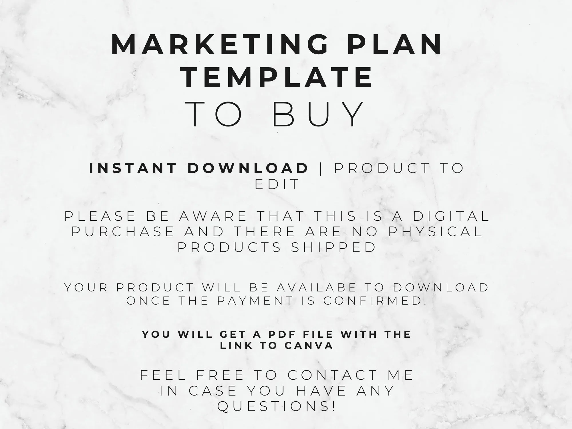 Text on a marble background describing a marketing plan template for digital download.