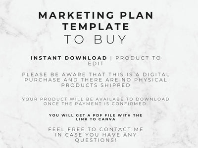 Text on a marble background describing a marketing plan template for digital download.