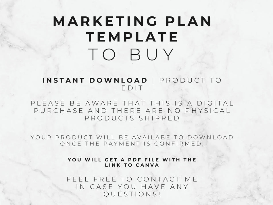 Text on a marble background describing a marketing plan template for digital download.