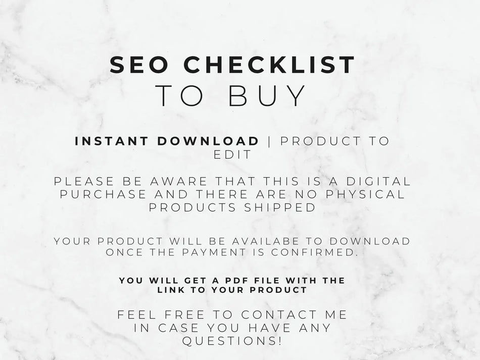 Text on a marble background describing an SEO checklist to buy with digital download options.