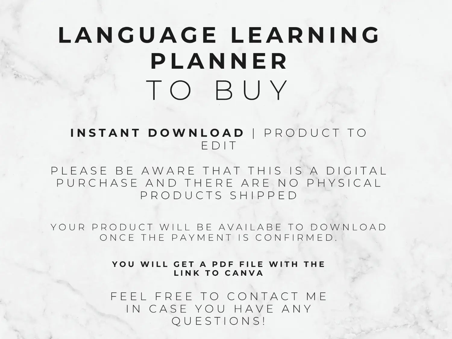 Text on a marble background about a language learning planner for instant download.