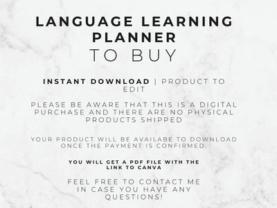 Text on a marble background about a language learning planner for instant download.
