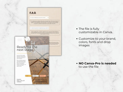 Black text on a white marble background explaining that this is a digital purchase for a Canva template with no physical product shipped