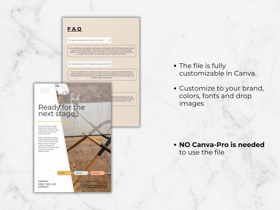 Black text on a white marble background explaining that this is a digital purchase for a Canva template with no physical product shipped