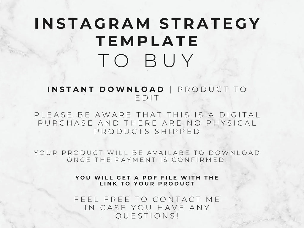 Text on a marble background describing an Instagram strategy template for purchase.