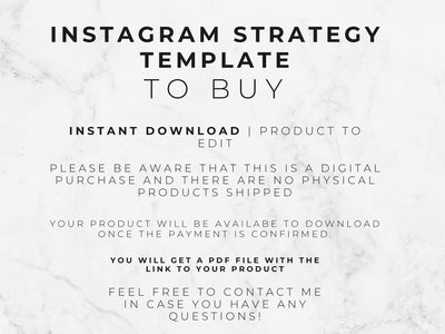 Text on a marble background describing an Instagram strategy template for purchase.