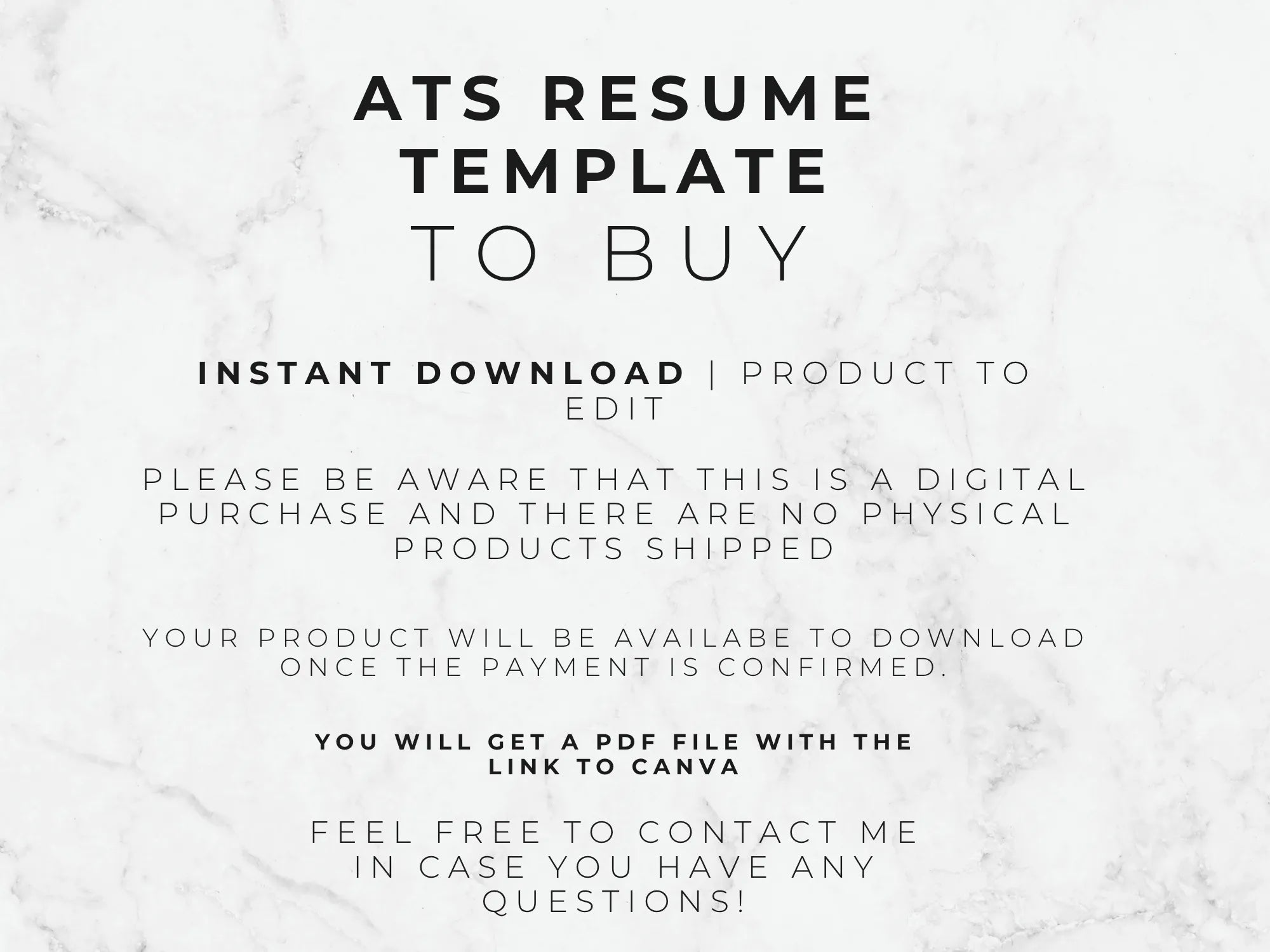 Text on a marble background about an ATS resume template for purchase.