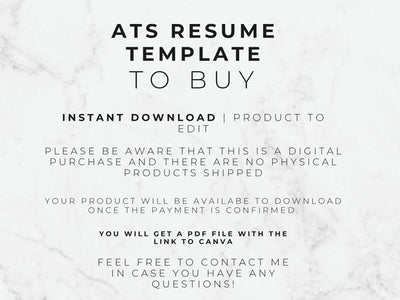 Text on a marble background about an ATS resume template for purchase.