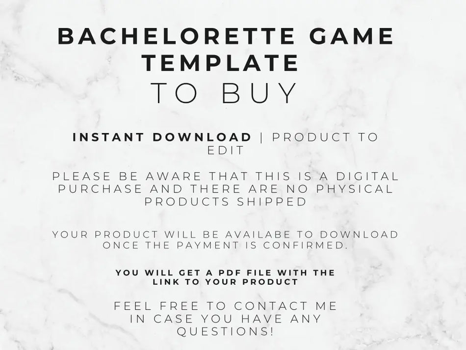 Digital template listing graphic with black text on a white marble background reading 'BACHELORETTE GAME TEMPLATE TO BUY' and additional download information.