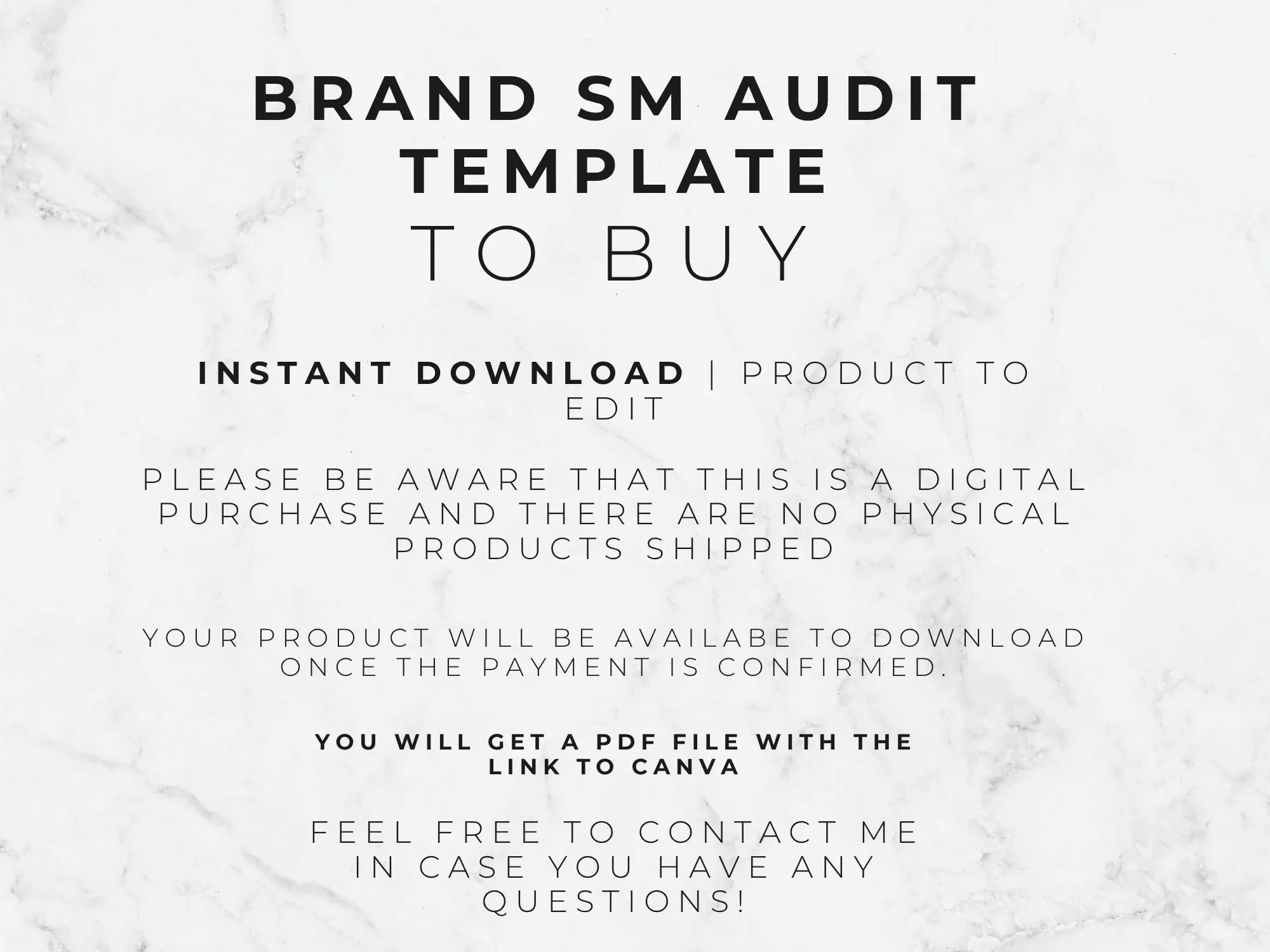 Text on a marble background about a brand SM audit template for instant download.