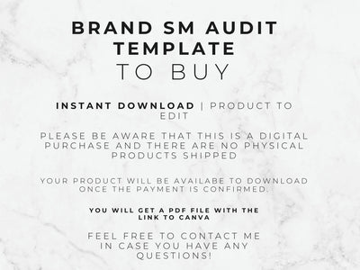 Text on a marble background about a brand SM audit template for instant download.