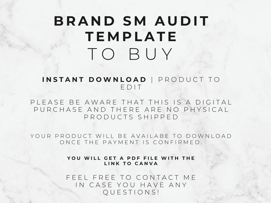 Text on a marble background about a brand SM audit template for instant download.